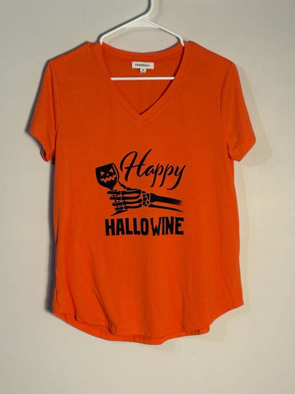 011-0026 Freshman Orange Happy Hallowine Skeleton Graphic V-Neck T-Shirt